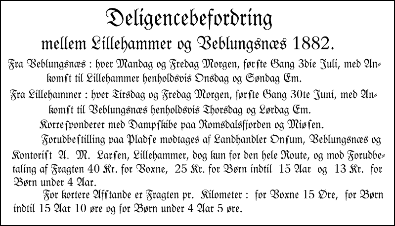 Annonse for Statens Diligencebefordring, Romsdals Budstikke 1882.